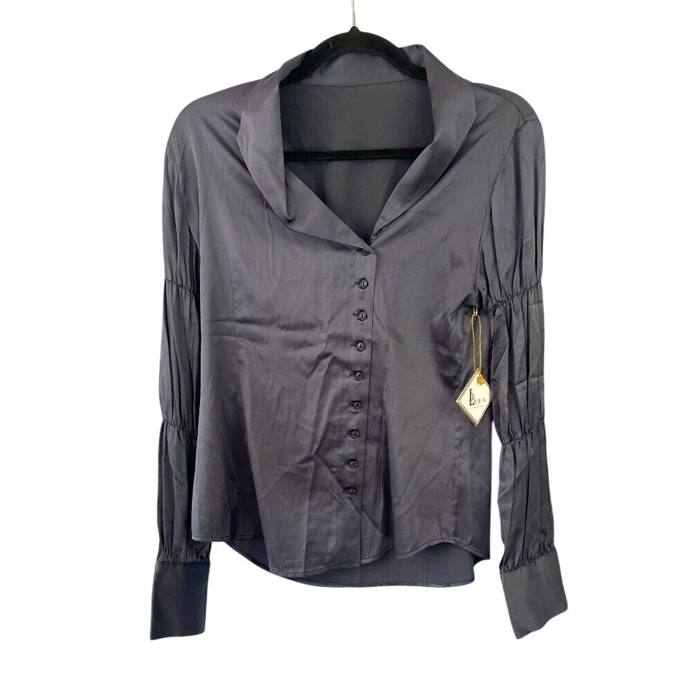 Luba by Hannah Payne Cellini Long Sleeve Satan Blouse Top Steel Blue Luxury‎